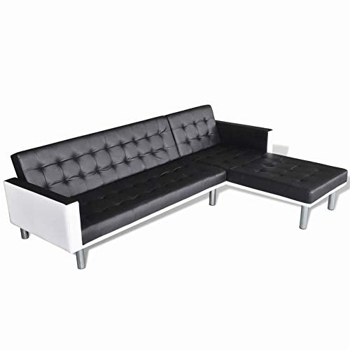 Sofa Bed L-Shaped Artificial Leather Fabric Futon Set for Apartment Living Room Furniture by BLUECC (Black)