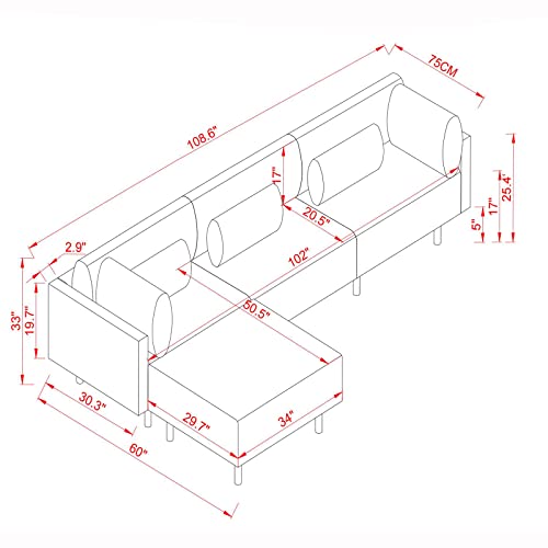108'' Convertible Sectional Sofa L Shape Couch with Removeable Ottoman and 3 Pillows, Modern Linen Modular Sectional Sofa for Living Room, Beige