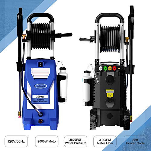 Pressure Washer mrliance 3800PSI Electric Pressure Washer 2000W Power Washer 3.0 GPM High Power Washer Surface Cleaner Machine with Hose Reel & Detergent Tank & 5 Nozzles (Blue)