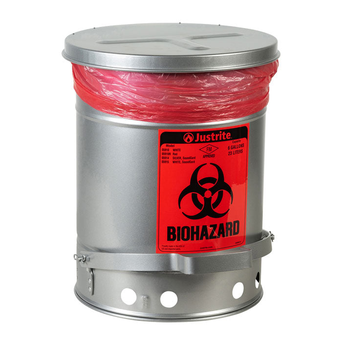 Justrite Biohazard Waste Can, 6 Gallon, Foot-Operated Self-Closing SoundGard™ Cover