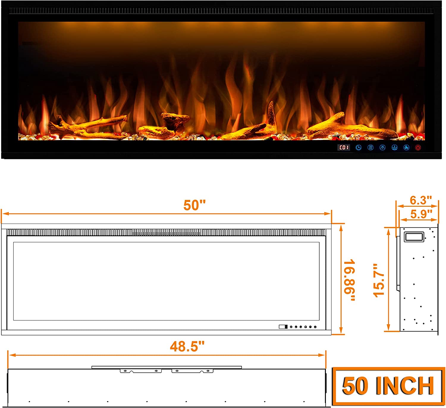 Benrocks BI50Z 50 in. 750/1500W Recessed and Wall Mounted Log and Crystals Fireplace with Remote and App Control Black New