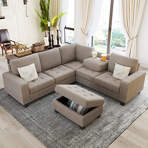 Sectional Sofas 3-Seat Sofa Sectional Sofa Couches with Reversible Chaise Storage Ottoman and 2 Cup Holders, Sofa Lounge and Ottoman for Living Room Furniture