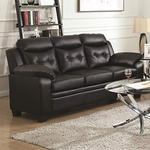 Benzara Contemporary Faux Leather & Wood Sofa with Padded Armrests, Black