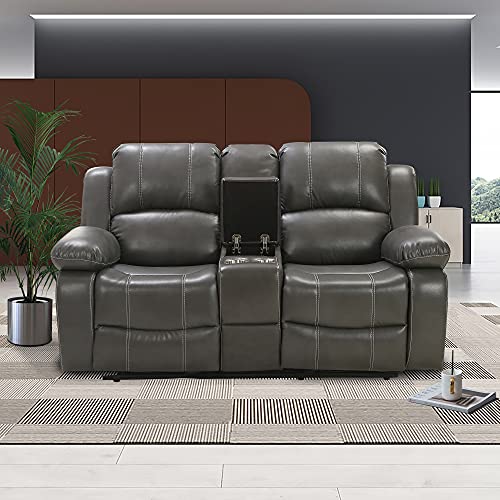 Breathable Leather Manual Reclining Loveseat with Storage Console/Plastic Cup Holders, Grey
