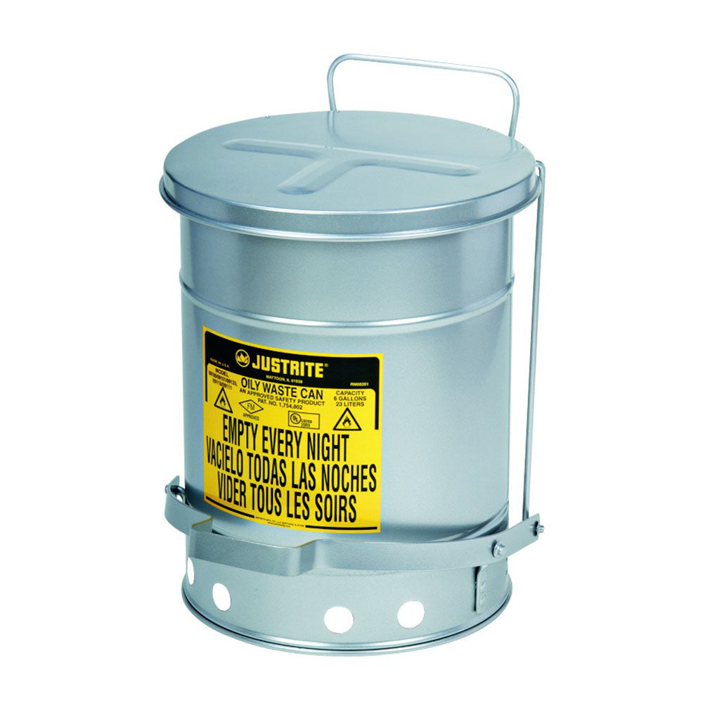 Justrite Oily Waste Can, 21 Gallon, Foot-Operated Self-Closing SoundGard™ Cover