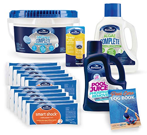 Deluxe Swimming Pool Chemicals Complete Startup/Maintenance Kit & Pool Care Booklet - Contains Chlorine, Algaecide, Shock, Phosphate Remover, Test strips & Booklet - Sized for Medium Pools (17 Pieces)