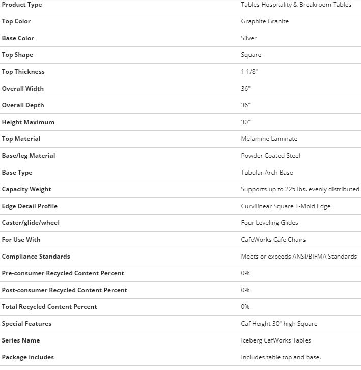Iceberg CafeWorks Square Cafe Table, Square Top
