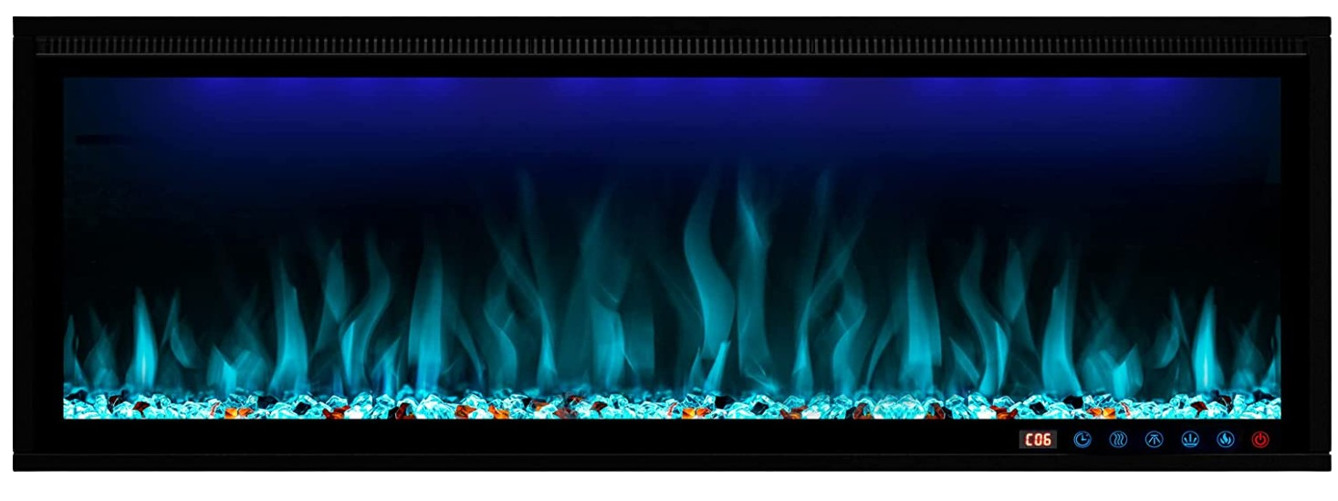 Benrocks BI50Z 50 in. 750/1500W Recessed and Wall Mounted Log and Crystals Fireplace with Remote and App Control Black New