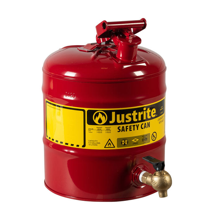 Justrite Type I Steel Shelf Safety Can, 5 Gallon, Bottom Faucet