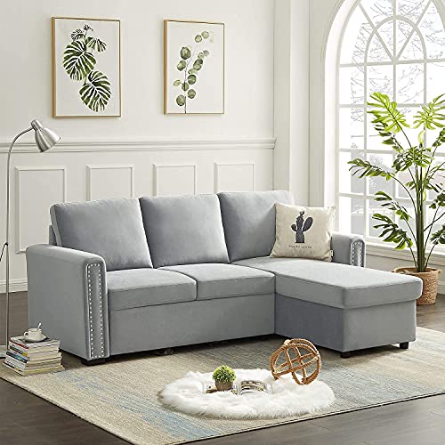 GAOPAN Modern Velvet Upholstered Sectional Sofa Couch W/Pull-Out Sleeper Bed Sofabed, L-Shape Corner Sofá with Reversible Storage Chaise Lounge for Living Room Furniture Set & Apartment, Light Gray