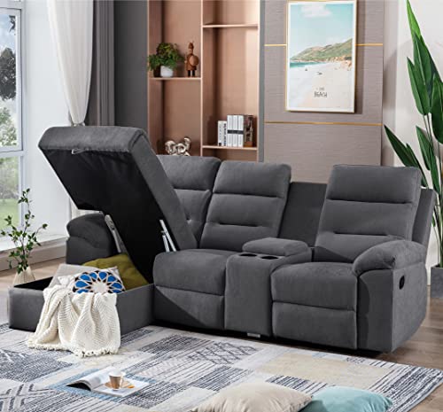 GAOPAN L-Shaped Upholstered Manual Reclining Sectional Sofa with Storage Chaise Lounge Couch and 2 Cup Holders for Living Room Furniture Sets, Dark Grey