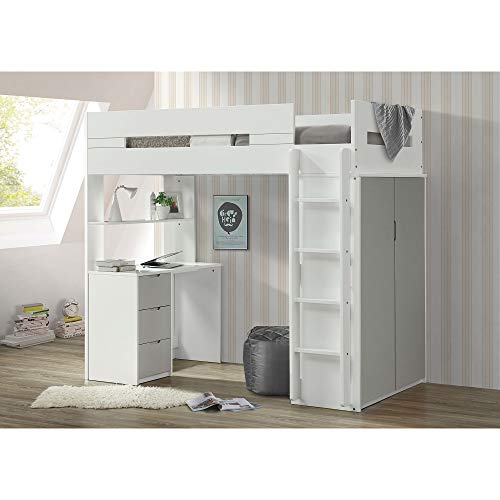 Twin Loft Bed, Harper&Bright Designs Solid Wood Loft Bed with Ladder and Guard Rail, Together with Desk, Shelf & Wardrobe Underneath, Sturdy Slate System, No Box Spring Needed，Easy Assembly (Gray)