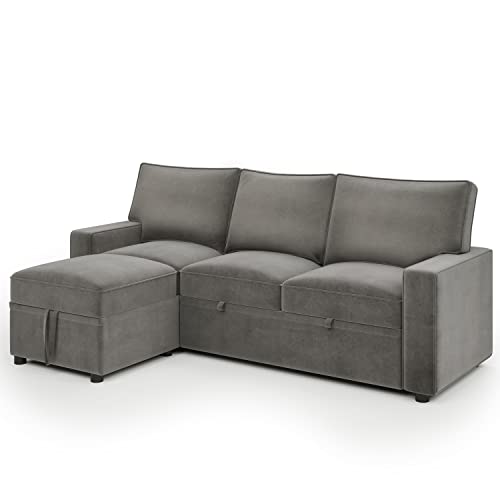 Reversible Sectional Sofa,Pull Out Sofa Bed with 2 Pull-Out Sleepers, Space-Saving Functional Sofa Bed, Chaise Longue with Loveseat, Grey