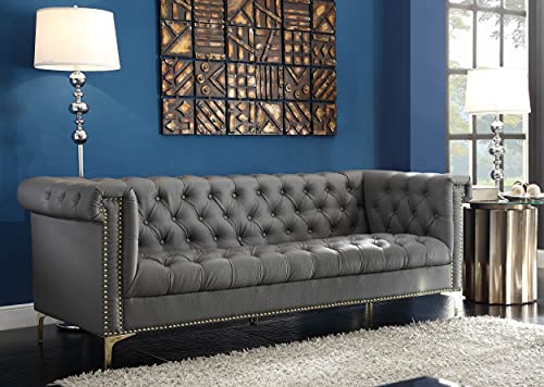 Iconic Home Winston Modern Tufted Gold Nail Head Trim Grey PU Leather Sofa with Gold Tone Metal Y-Legs
