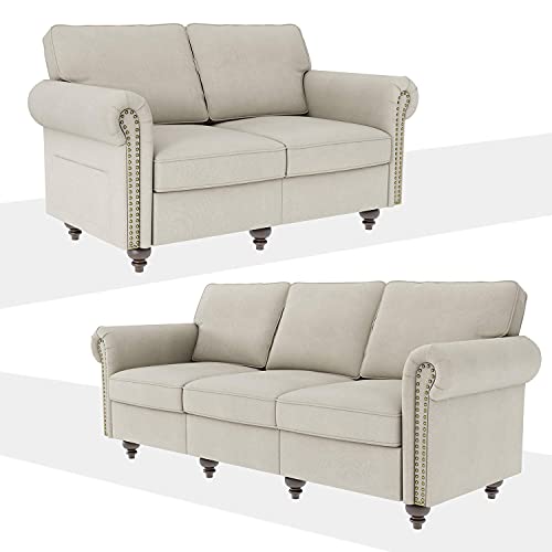 Nolany Classic 2 Piece Living Room Sofa Set Upholstered Fabric 3 Seats Sofa Couch and Loveseat Set Rolled Arm Sofa Sets, Light Beige