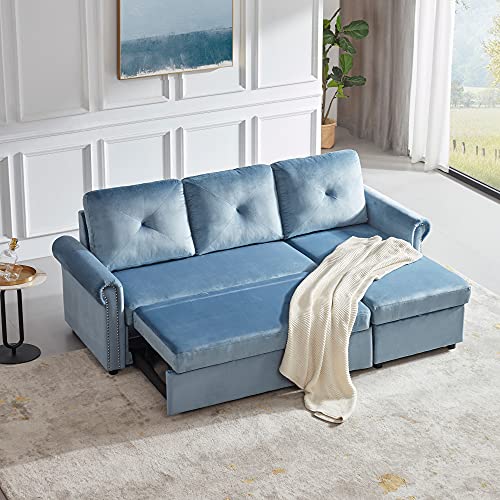 Merax 83'' Reversible Pull Out Sleeper Sectional Storage Sofa Bed, 3-Seater L-Shape Convertible Corner Sofa Bed with Storage Chaise for Living Room Furniture Set (Blue)