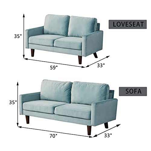 INSTORY Modern 2 Piece Sofa Set Velvet Loveseat & Sofa Set Tufted Loveseat & Couch Set Upholstered Living Room Furniture Set with Armrest & Wood Legs for Living Room,Bedroom,Dorm - Teal