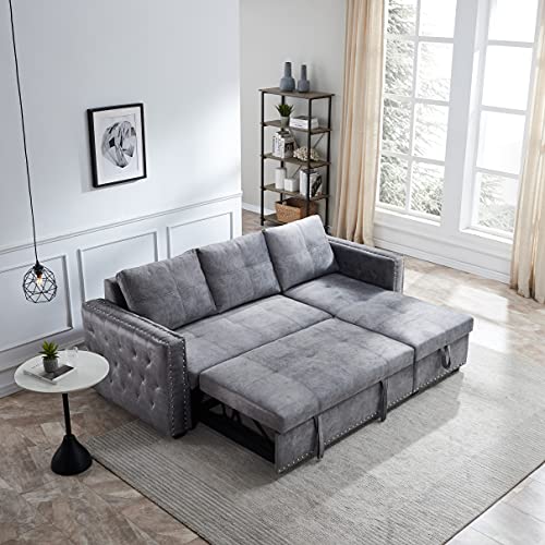 MOEO Polyester Blend Upholstery Sectional Sofa Convertible Pull-Out Sleeper Couch Bed, 91