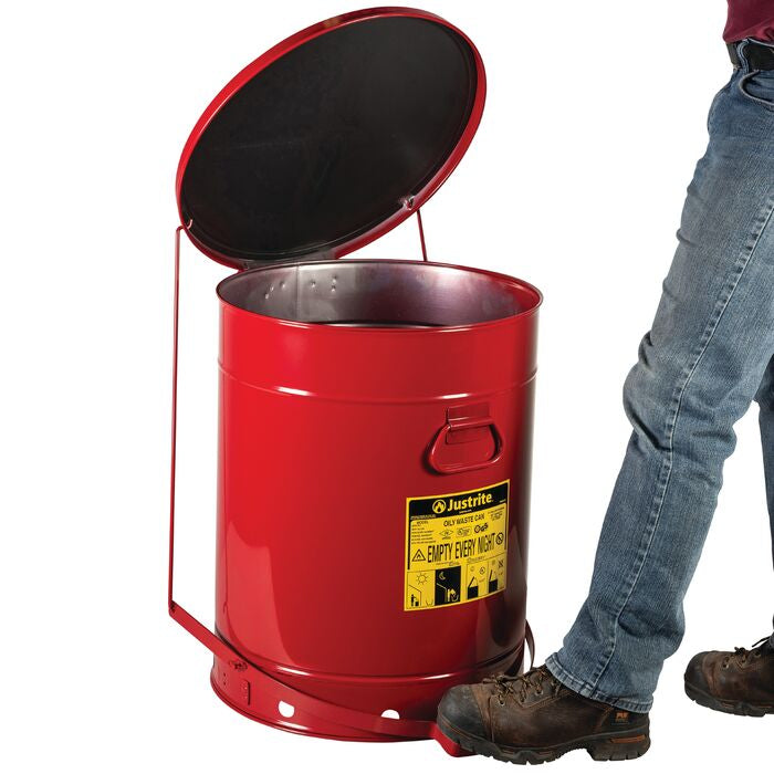 Justrite Oily Waste Can, 21 Gallon, Foot-Operated Self-Closing SoundGard™ Cover, Red