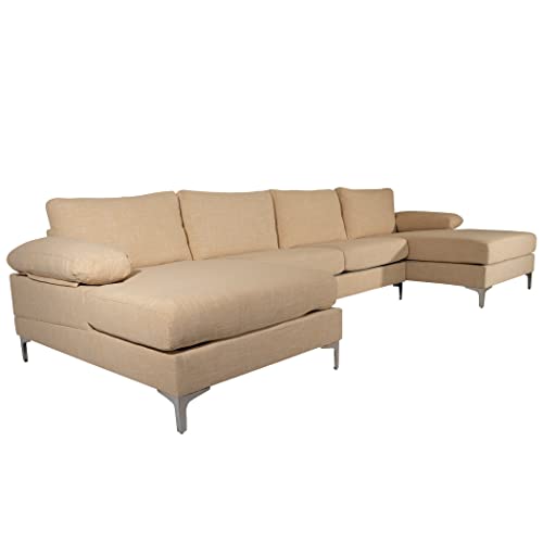 Casa Andrea Milano Modern Large Tweed Fabric U-Shape Sectional Sofa, Double Extra Wide Chaise Lounge Couch, Beige