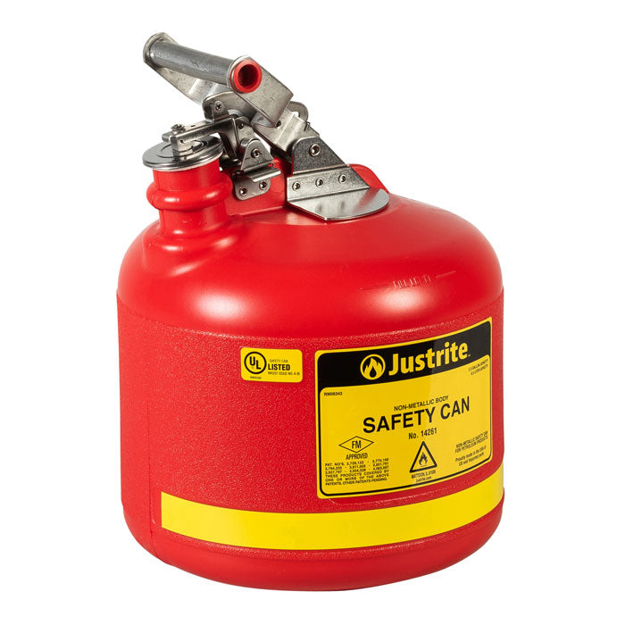 Justrite 2.5 Gallon Plastic Safety Can, Type I, Stainless Steel Hardware