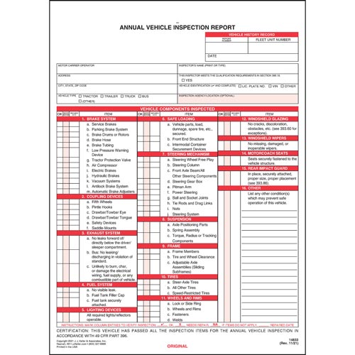 JJ Keller 2 Ply Annual Vehicle Inspection Report, Carbonless, Personalized (Pack of 500)