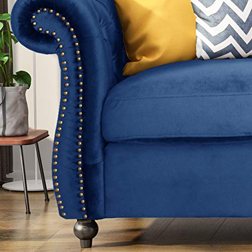 Christopher Knight Home Vita Tufted Microfiber Sofa with Scroll Arms, Navy Blue, Dark Brown
