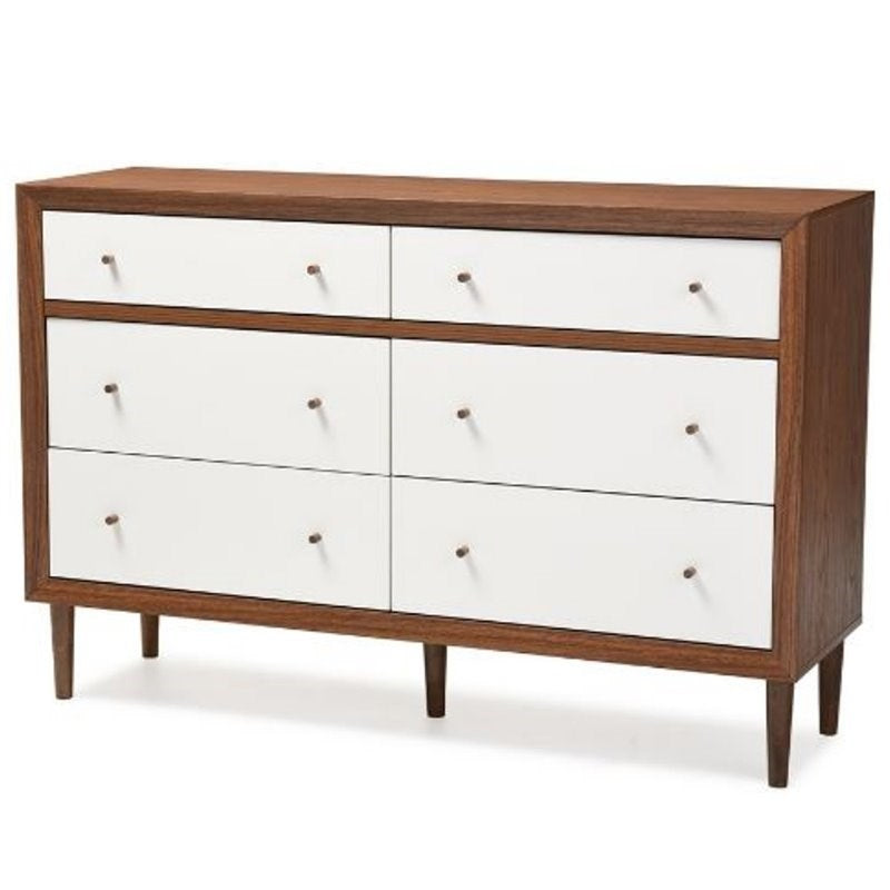 6 Drawer Double Dresser in White and Walnut