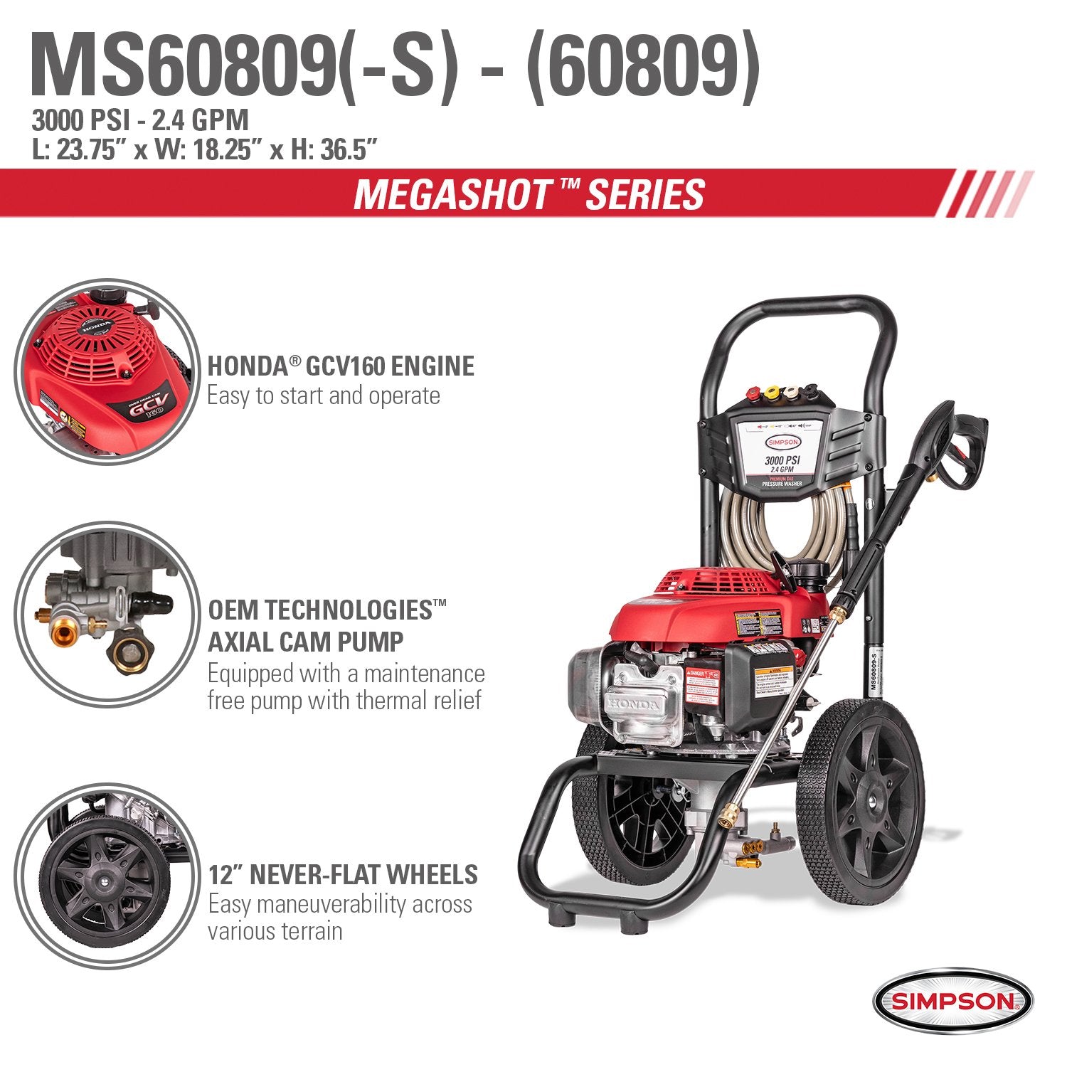 Simpson MegaShot MS60809 3000 PSI 2.4 GPM Honda GCV160 Gas Pressure Washer New