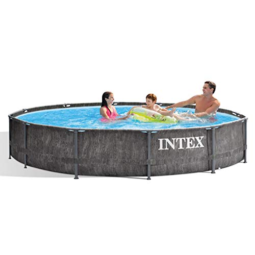 Intex 26749ST 12 Foot x 30 Inch Round Greywood Prism Steel Frame Premium Above Ground Pool Set with Filter Cartridge Pump & Pool Liner, Gray Woodgrain