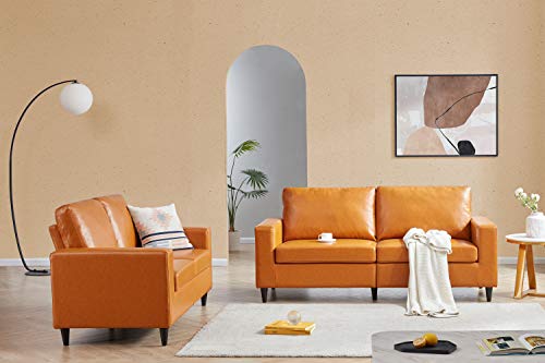 GAOPAN Modern 2 Piece Living Room Furniture Set Include 3 Seaters Sofá & Loveseat, Skin-Friendly Pu Leather Couch Tufted Back Cushions and Solid Frame Upholstered Sectional Sofa,Orange