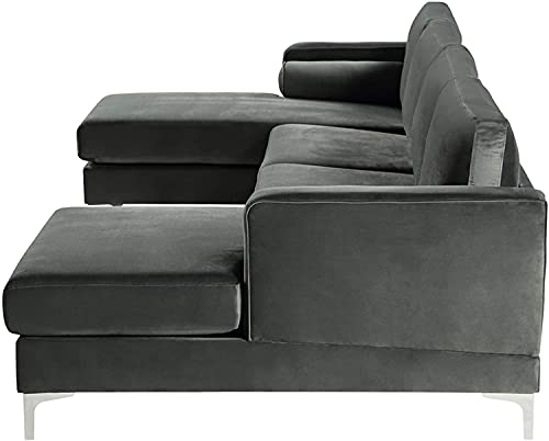 GAOPAN Modern Stylish Elegant Velvet Upholstered Sectional Sofa with Two Pillows, Home Villa Living Room Furniture Set U-Shape Symmetrical 4 Seaters Couch W/Double Wide Chaise Lounge,Black