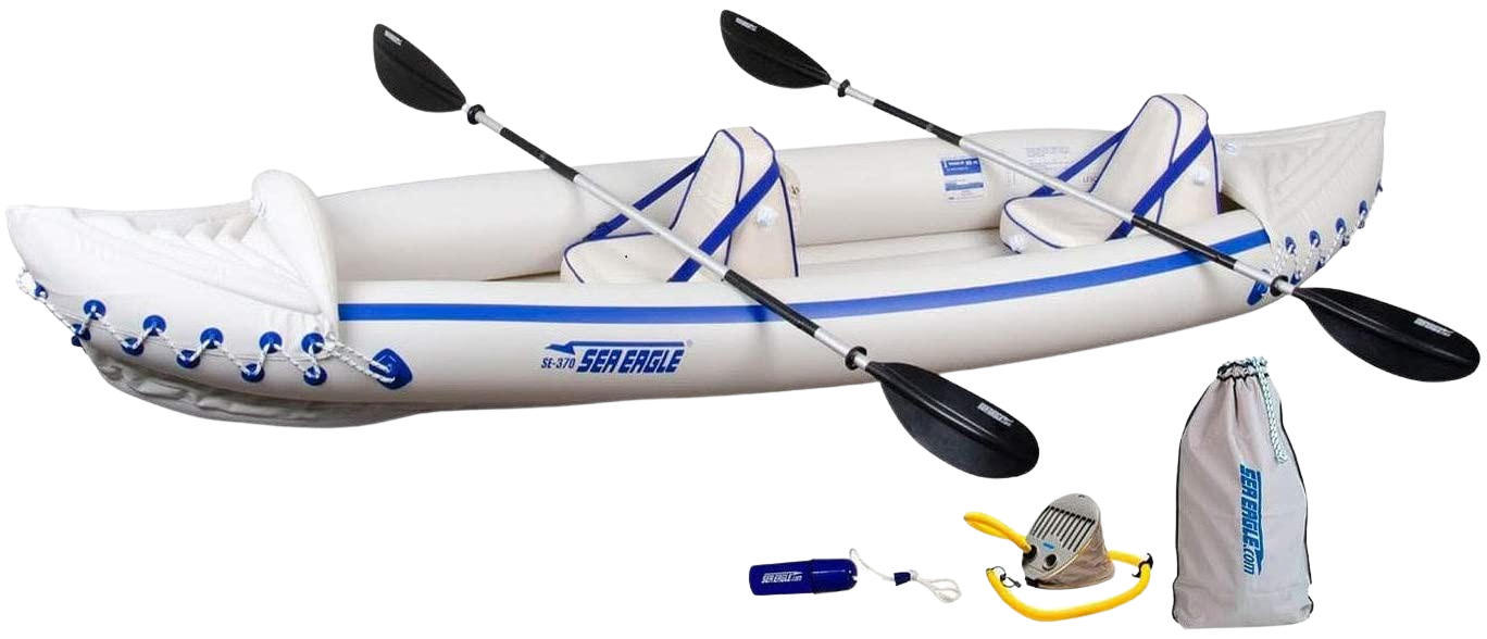 Sea Eagle 370 Inflatable Portable Sport Kayak Canoe 3 Person Pro Package With Paddles White Blue New