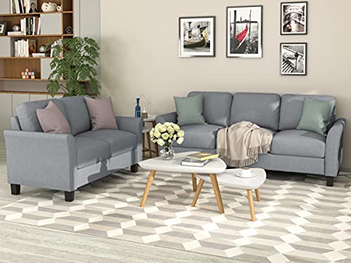 P PURLOVE Upholstered Linen Fabric Living Room Sofa Set, Loveseat Sofa and 3-seat Sofa (Loveseat+3 Seat, Gray)