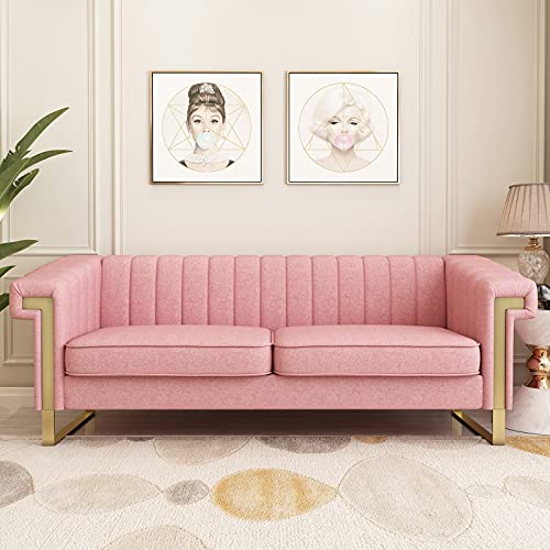 ZWMBYN Mid-Century Modern Channel Tufted Linen Sofa Couch, 83W Upholstered Loveseat Sofa Furniture with Gold Stainless Steel Legs and Square Rolled Arms for Living Room Bedroom, Pink