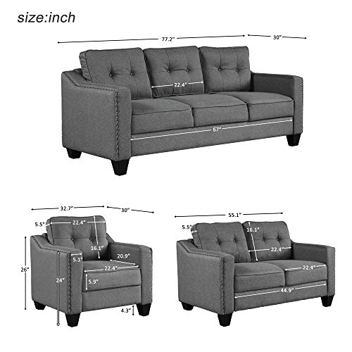 Harper & Bright Designs Living Room 3 Piece Sofa Couch Set,3 Seats Loveseat Single Chair Sectional Sofa Set, Grey