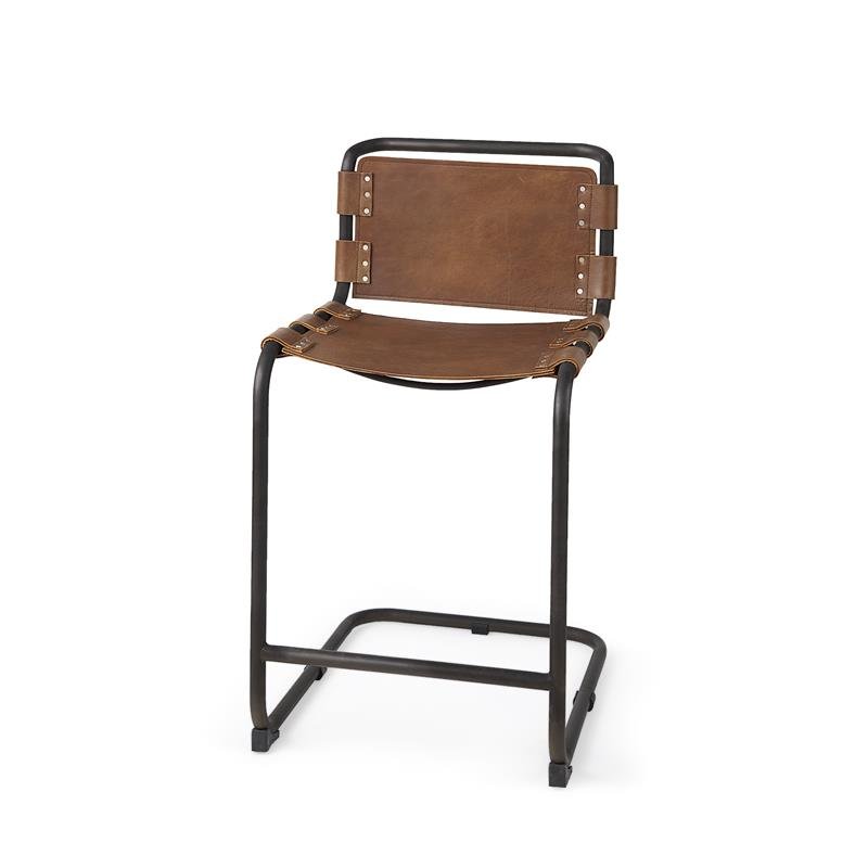 Medium Brown Leather W Gun Metal Gray Frame Stool