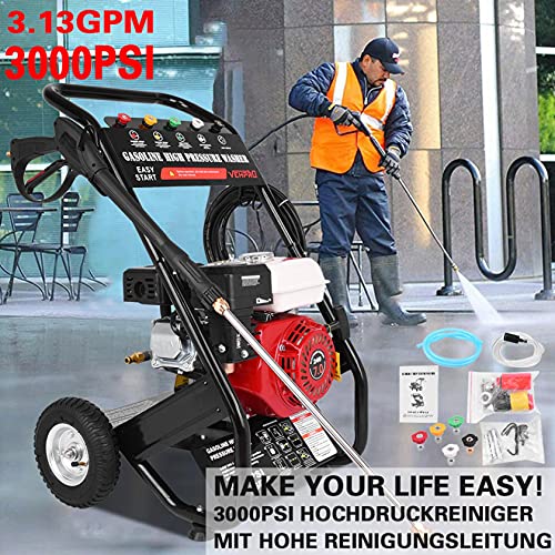 Wailiy 3000PSI Gas Pressure Washer,7HP 215cc 4-Stroke Gas Powered Pressure Washer,26Ft High Pressure Hose &Soap Tank,5 Adjustable Nozzles