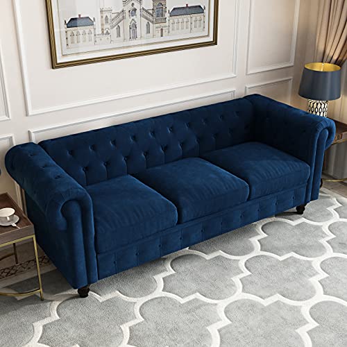 Chesterfield Velvet Sofa with Scroll Arms, Modern Chesterfield Button Tufted 3 Seater Sofa Couch Furniture for Living Room, Navy Blue