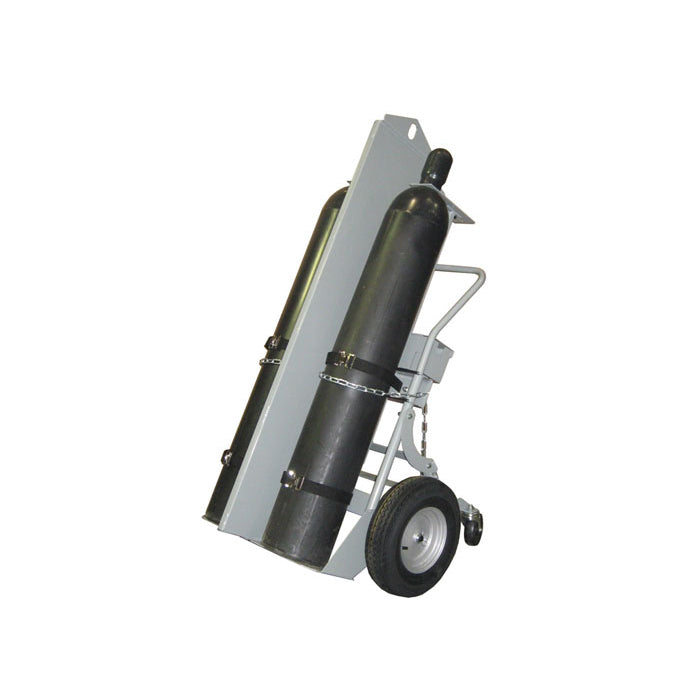 Justrite Double Cylinder Hand Truck W/ Firewall & Hoist Ring, 16 In Pneumatic Wheels, Rear Casters & Tool Box