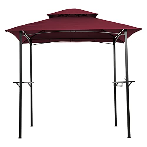 LIFND 8x5 Ft Grill Gazebo Shelter, Double Tiered Replacement Canopy Grill BBQ Gazebo, Outdoor BBQ Grill Tent w/Air Vent with Shelves and 10 Hooks, Accommodate Around 3-4 People (US Inventory),Red