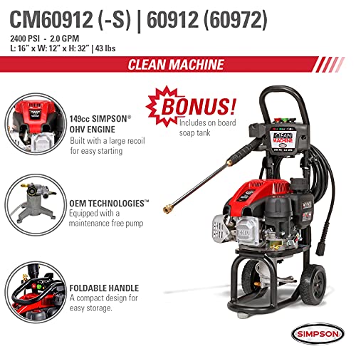 SIMPSON Cleaning CM60912 Clean Machine Gas Pressure Washer Powered by Simpson, 2400 PSI at 2.0 GPM, Black