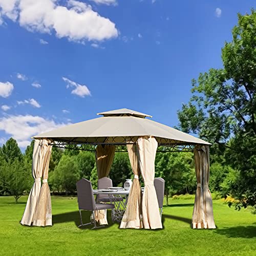 Quality Double Roof Patio Grill Canopy 12’ x 12’ Outdoor Canopy Gazebo Gazebo Steel Frame with Netting and Shade Curtains for Garden,Patio,Party Canopy-Cream BBQ Gazebo Tent with UV Protection, Beige