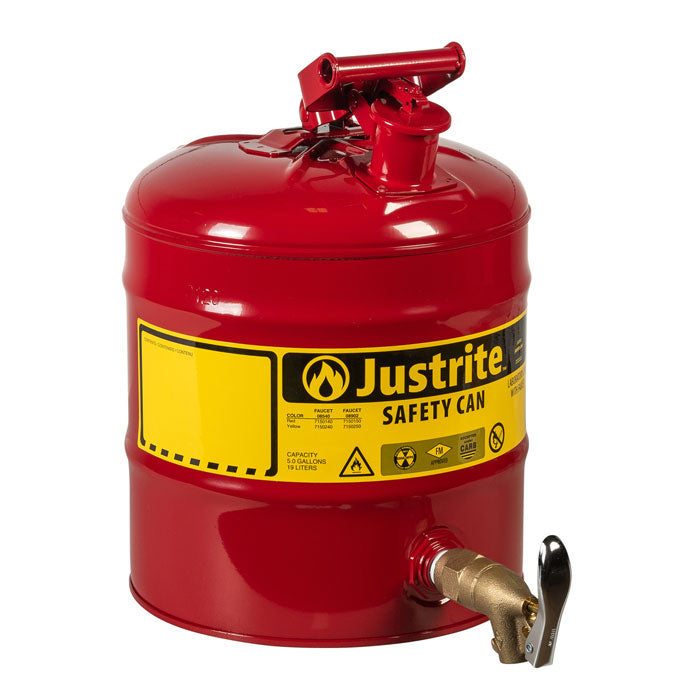 Justrite 5 Gallon Steel Safety Can For Laboratories, Type I, Rigid Bottom Brass Faucet