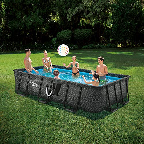 Summer Waves P41408361 14 x 8 Foot 36 Inch Deep Dark Herringbone Print Liner Elite Metal Frame Rectangular Above Ground Family Backyard Pool w/ SFX600 SkimmerPlus Filter Pump & SureStep Ladder, Grey