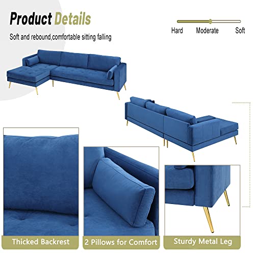 Sectional Sofa with Two Pillows, L-Shape Upholstered Couch with Modern Elegant Velvet for Living Room Apartment (Blue)