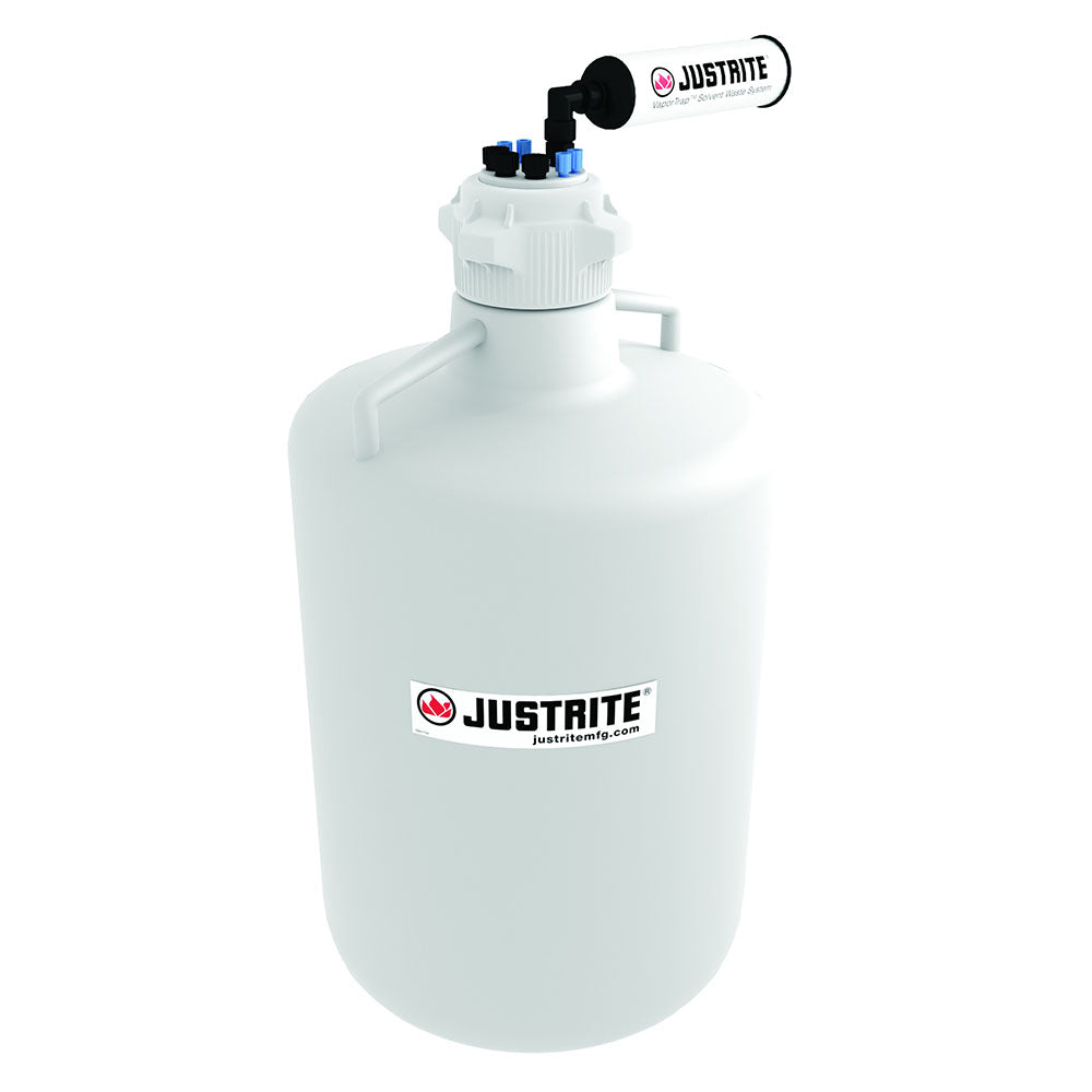Justrite VaporTrap™ Carboy with Filter Kit, 20L RND HDPE, 83mm Cap, 4 Ports 1/8