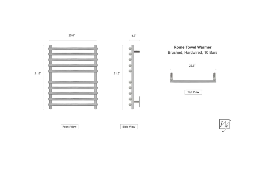WarmlyYours TWS7-ROM10BH Rome Hardwired 10 Bar Towel Warmer in Brushed Steel New