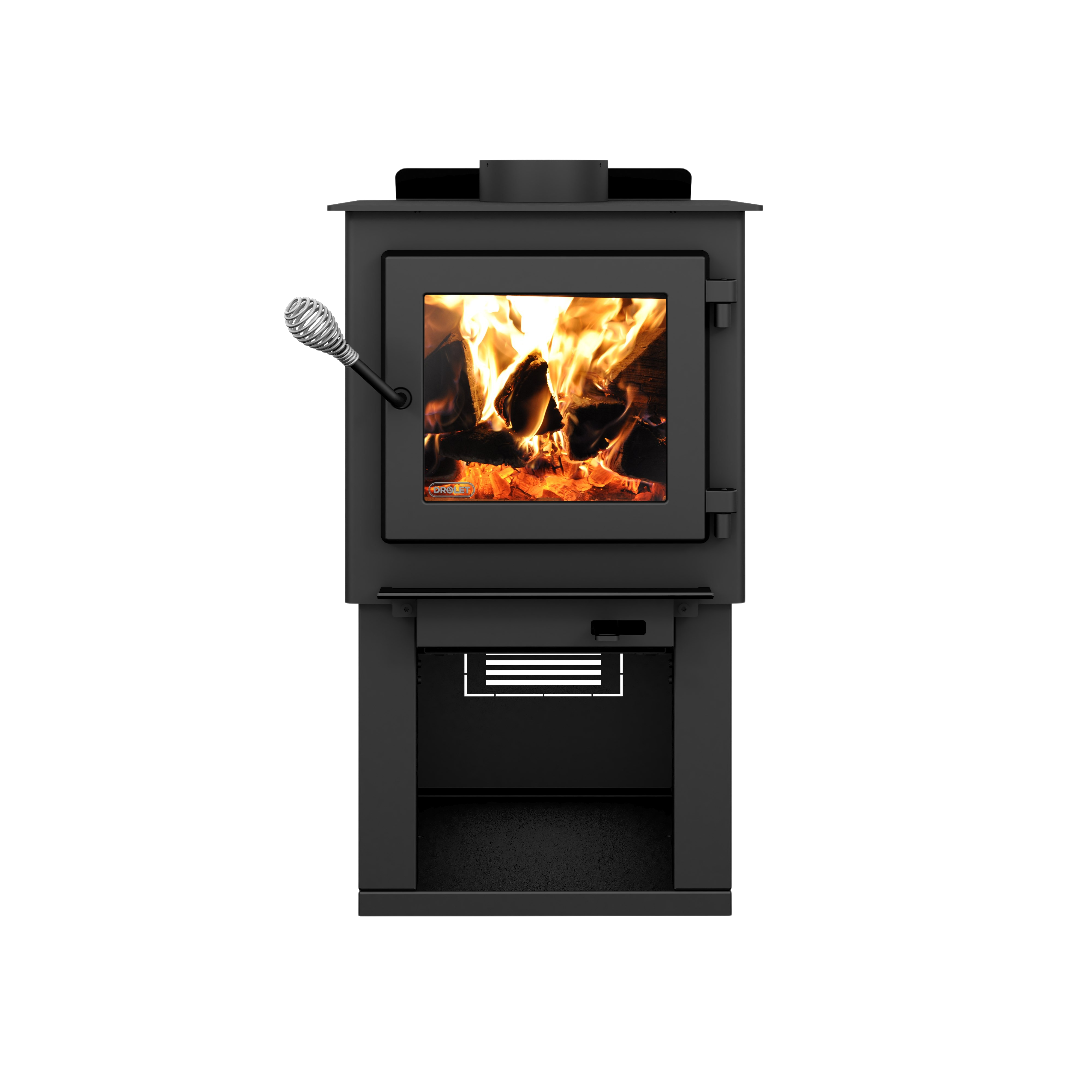 Drolet Deco Nano 1,200 Sq. Ft. Wood Stove On Pedestal with Log Storage New