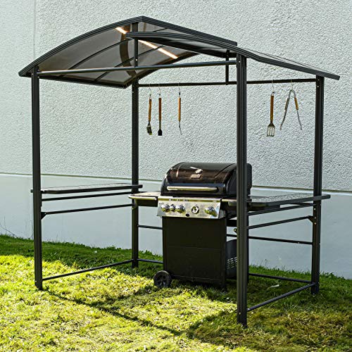 ALEKO GZBHTG01 Steel Hard Top BBQ Gazebo Grill Shelter Canopy with Serving Tables 8 x 5 x 8 Feet Brown